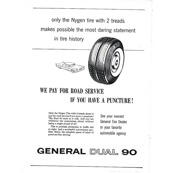 1958 Vintage Print Ad For General Dual 90 Nygen Tire With 2 Treads - Picture 1 of 2